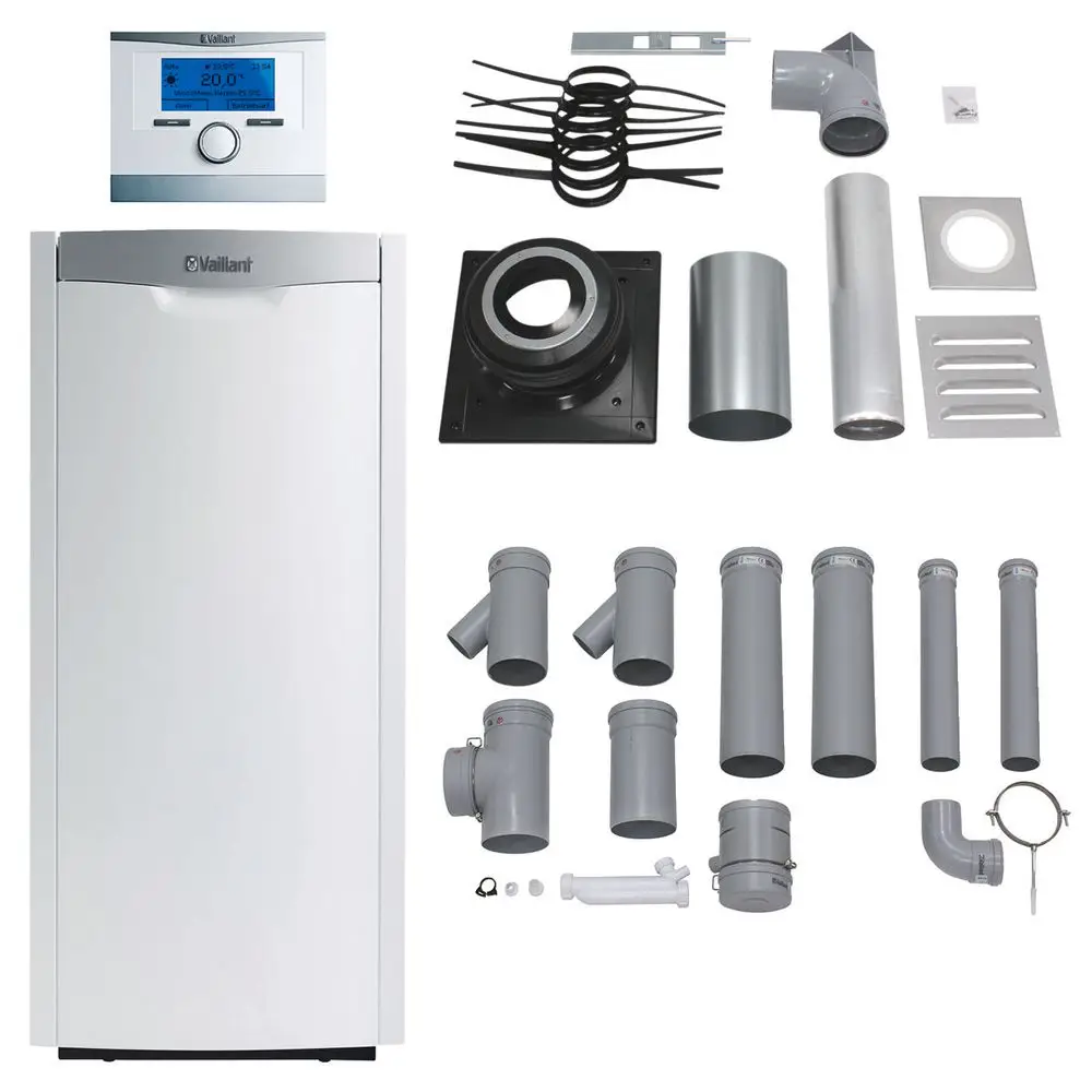 Vaillant Heizgerät in weißer Ausführung mit Zubehörteilen, darunter Rohre, Krümmer und Verbindungselemente für die Installation. Steuerungseinheit oben links sichtbar.